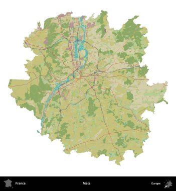 Metz. Fransa 'nın idari bölgesi bir OpenStreetMap İnsani Harita stili haritasında beyaza izole edildi