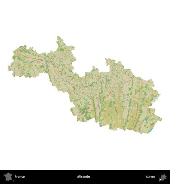 Mirande. Fransa 'nın idari bölgesi bir OpenStreetMap İnsani Harita stili haritasında beyaza izole edildi
