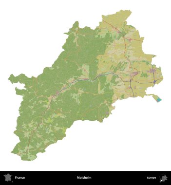 Molsheim. Fransa 'nın idari bölgesi bir OpenStreetMap İnsani Harita stili haritasında beyaza izole edildi