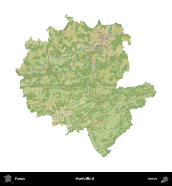 Montbeliard 'da. Fransa 'nın idari bölgesi bir OpenStreetMap İnsani Harita stili haritasında beyaza izole edildi