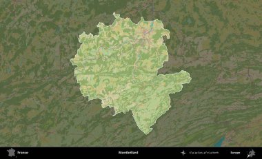 Montbeliard 'da. Fransa 'nın idari alanı karanlık bir OpenStreetMap İnsani Haritası' na vurgulandı ve özetlendi