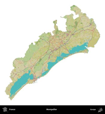 Montpellier 'de. Fransa 'nın idari bölgesi bir OpenStreetMap İnsani Harita stili haritasında beyaza izole edildi