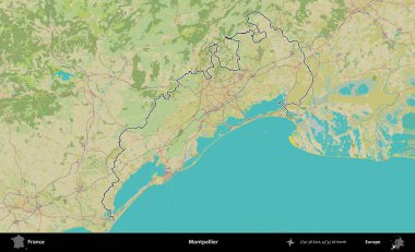 Montpellier 'de. OpenStreetMap İnsani Haritada Fransa 'nın idari alanının ana hatları