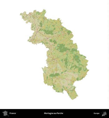 Mortagne-au-Perche. Fransa 'nın idari bölgesi bir OpenStreetMap İnsani Harita stili haritasında beyaza izole edildi