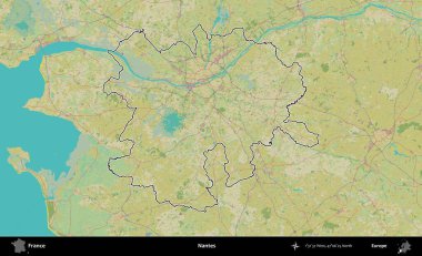 Nantes. OpenStreetMap İnsani Haritada Fransa 'nın idari alanının ana hatları