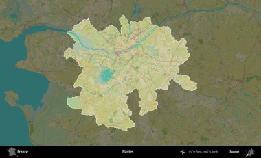 Nantes. Fransa 'nın idari alanı karanlık bir OpenStreetMap İnsani Haritası' na vurgulandı ve özetlendi