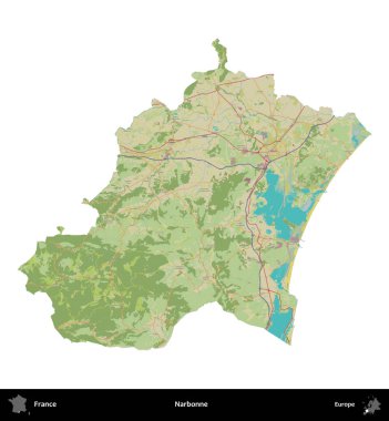 Narbonne. Fransa 'nın idari bölgesi bir OpenStreetMap İnsani Harita stili haritasında beyaza izole edildi