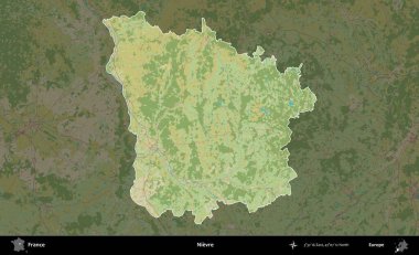 Nievre. Fransa 'nın idari alanı karanlık bir OpenStreetMap İnsani Haritası' na vurgulandı ve özetlendi