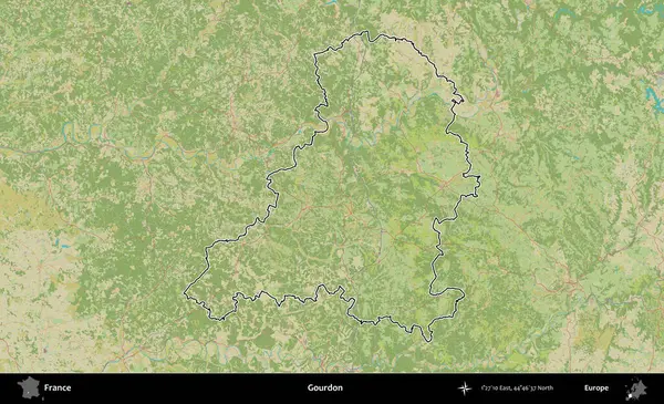 Gourdon. OpenStreetMap İnsani Haritada Fransa 'nın idari alanının ana hatları