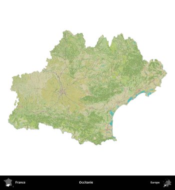 Occitanie. Fransa 'nın idari bölgesi bir OpenStreetMap İnsani Harita stili haritasında beyaza izole edildi