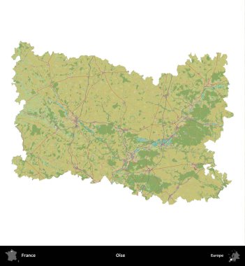 Oise. Fransa 'nın idari bölgesi bir OpenStreetMap İnsani Harita stili haritasında beyaza izole edildi