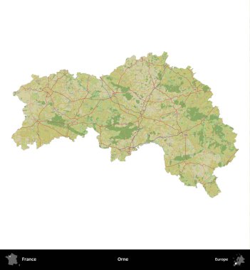 Orne. Fransa 'nın idari bölgesi bir OpenStreetMap İnsani Harita stili haritasında beyaza izole edildi