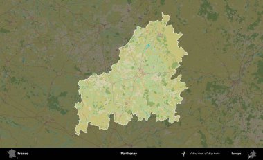 Parthenay. Fransa 'nın idari alanı karanlık bir OpenStreetMap İnsani Haritası' na vurgulandı ve özetlendi