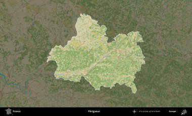 Perigueux. Fransa 'nın idari alanı karanlık bir OpenStreetMap İnsani Haritası' na vurgulandı ve özetlendi