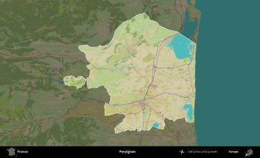 Perpignan. Fransa 'nın idari alanı karanlık bir OpenStreetMap İnsani Haritası' na vurgulandı ve özetlendi