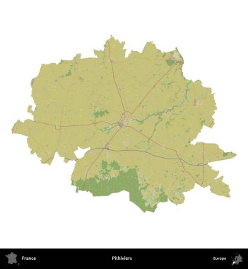 Pithivierlar. Fransa 'nın idari bölgesi bir OpenStreetMap İnsani Harita stili haritasında beyaza izole edildi
