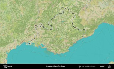 Provence-Alpes-Cote d'Azur. OpenStreetMap İnsani Haritada Fransa 'nın idari alanının ana hatları