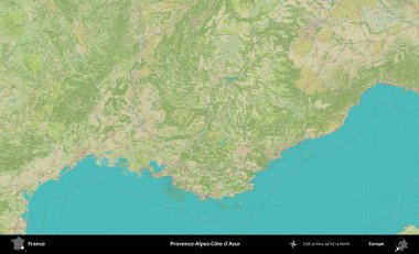 Provence-Alpes-Cote d'Azur. OpenStreetMap İnsani Yardım Stili Haritasında Fransa 'nın idari alanı