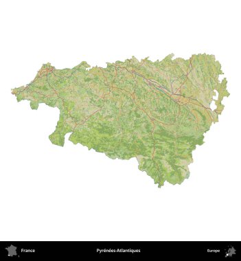 Pireneler-Atlantikler. Fransa 'nın idari bölgesi bir OpenStreetMap İnsani Harita stili haritasında beyaza izole edildi