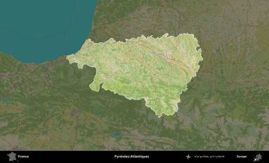 Pireneler-Atlantikler. Fransa 'nın idari alanı karanlık bir OpenStreetMap İnsani Haritası' na vurgulandı ve özetlendi