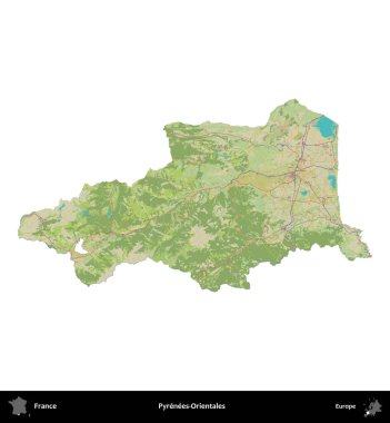 Pirenes-Orientales. Fransa 'nın idari bölgesi bir OpenStreetMap İnsani Harita stili haritasında beyaza izole edildi