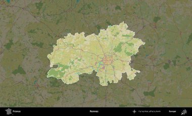Rennes. Fransa 'nın idari alanı karanlık bir OpenStreetMap İnsani Haritası' na vurgulandı ve özetlendi