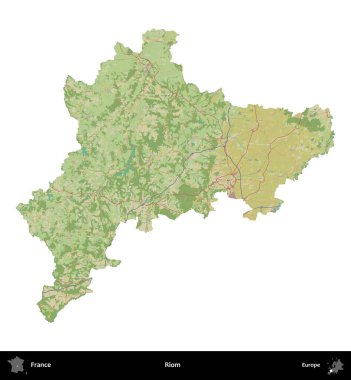 Riom. Fransa 'nın idari bölgesi bir OpenStreetMap İnsani Harita stili haritasında beyaza izole edildi
