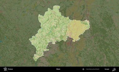 Riom. Fransa 'nın idari alanı karanlık bir OpenStreetMap İnsani Haritası' na vurgulandı ve özetlendi