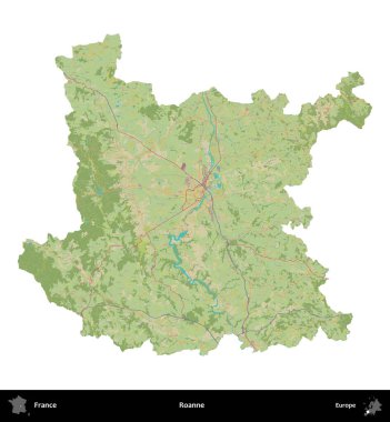 Roanne. Fransa 'nın idari bölgesi bir OpenStreetMap İnsani Harita stili haritasında beyaza izole edildi