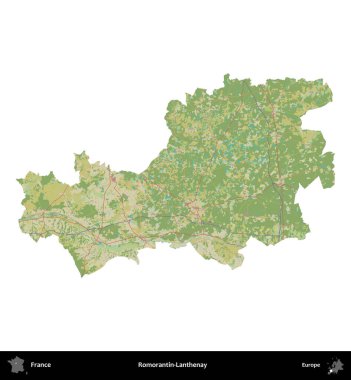 Romorantin-Lanthenay. Fransa 'nın idari bölgesi bir OpenStreetMap İnsani Harita stili haritasında beyaza izole edildi