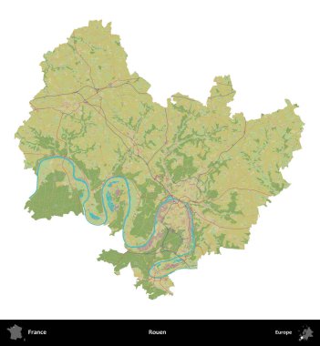 Rouen. Fransa 'nın idari bölgesi bir OpenStreetMap İnsani Harita stili haritasında beyaza izole edildi