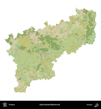 Saint-Amand-Montrond. Fransa 'nın idari bölgesi bir OpenStreetMap İnsani Harita stili haritasında beyaza izole edildi