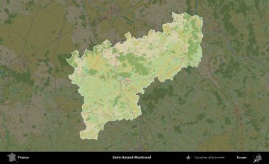 Saint-Amand-Montrond. Fransa 'nın idari alanı karanlık bir OpenStreetMap İnsani Haritası' na vurgulandı ve özetlendi