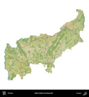 Saint-Julien-en-Genevois. Fransa 'nın idari bölgesi bir OpenStreetMap İnsani Harita stili haritasında beyaza izole edildi