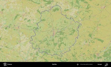 Sarthe. OpenStreetMap İnsani Haritada Fransa 'nın idari alanının ana hatları