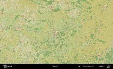Sarthe. OpenStreetMap İnsani Yardım Stili Haritasında Fransa 'nın idari alanı