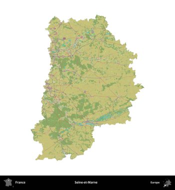 Seine-et-Marne. Fransa 'nın idari bölgesi bir OpenStreetMap İnsani Harita stili haritasında beyaza izole edildi