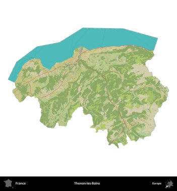Thonon-les-Bains. Fransa 'nın idari bölgesi bir OpenStreetMap İnsani Harita stili haritasında beyaza izole edildi