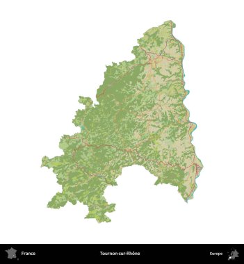 Tournon-sur-Rhone. Fransa 'nın idari bölgesi bir OpenStreetMap İnsani Harita stili haritasında beyaza izole edildi
