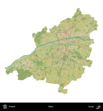 Turlar. Fransa 'nın idari bölgesi bir OpenStreetMap İnsani Harita stili haritasında beyaza izole edildi