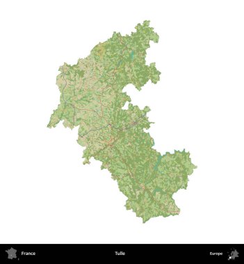 Tulle. Fransa 'nın idari bölgesi bir OpenStreetMap İnsani Harita stili haritasında beyaza izole edildi