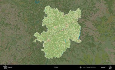 Ussel. Fransa 'nın idari alanı karanlık bir OpenStreetMap İnsani Haritası' na vurgulandı ve özetlendi