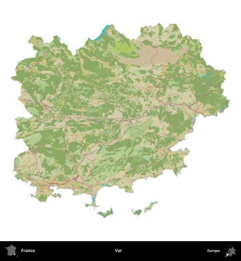 Var. Fransa 'nın idari bölgesi bir OpenStreetMap İnsani Harita stili haritasında beyaza izole edildi