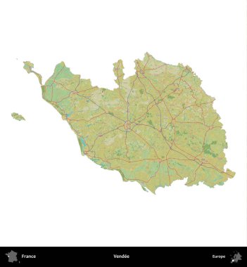 Vendee. Fransa 'nın idari bölgesi bir OpenStreetMap İnsani Harita stili haritasında beyaza izole edildi