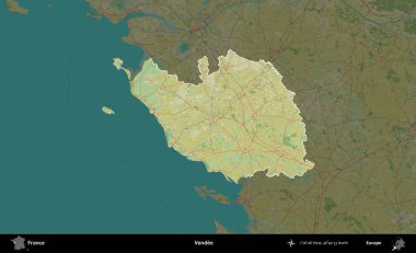 Vendee. Fransa 'nın idari alanı karanlık bir OpenStreetMap İnsani Haritası' na vurgulandı ve özetlendi