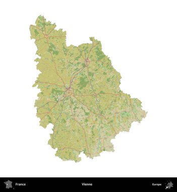 Vienne. Fransa 'nın idari bölgesi bir OpenStreetMap İnsani Harita stili haritasında beyaza izole edildi