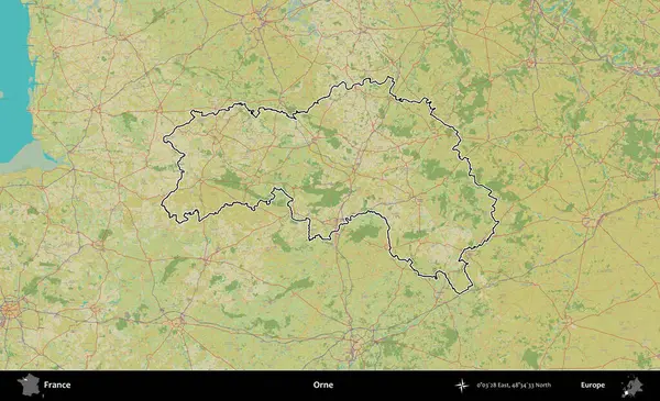 Orne. OpenStreetMap İnsani Haritada Fransa 'nın idari alanının ana hatları