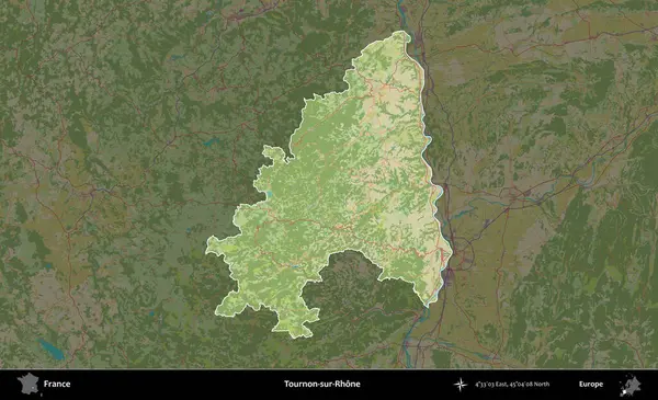 Tournon-sur-Rhone. Fransa 'nın idari alanı karanlık bir OpenStreetMap İnsani Haritası' na vurgulandı ve özetlendi