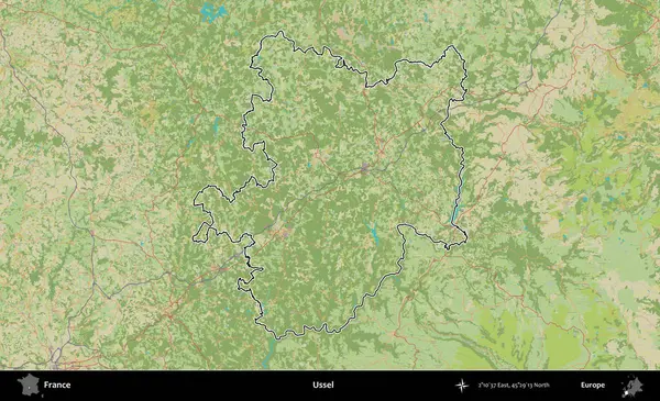 Ussel. OpenStreetMap İnsani Haritada Fransa 'nın idari alanının ana hatları