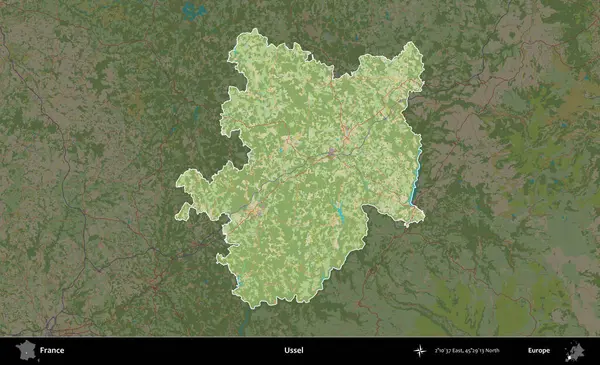 Ussel. Fransa 'nın idari alanı karanlık bir OpenStreetMap İnsani Haritası' na vurgulandı ve özetlendi